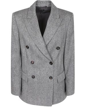 Brunello Cucinelli Double-Breasted Herringbone-Pattern Blazer - Gray