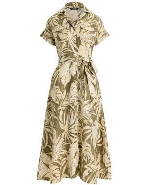 Ralph Lauren Palm-Frond-Print Camp Midi Shirt Dress - Metallic
