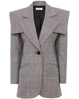 Chloé Check-Pattern Cape-Detail Blazer - Gray