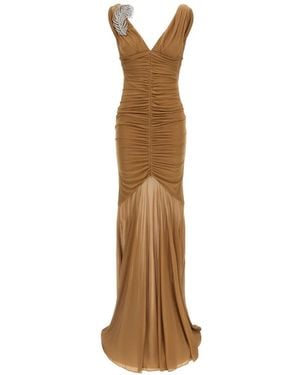 GIUSEPPE DI MORABITO V-Neck Rhinestone-Brooch Maxi Dress - Metallic