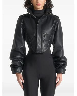 Manière De Voir Solange Leather Tacked-Sleeve Corset Jacket - Black