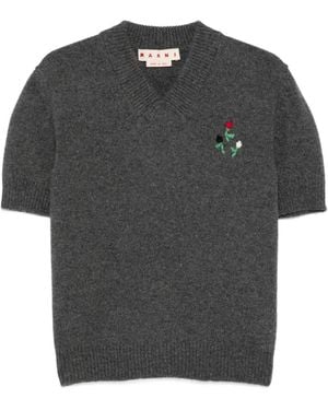 Marni Floral-Embroidered V-Neck Sweater - Black