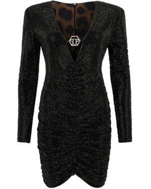 Philipp Plein Crystal-Embellished Ruched Mini Dress - Black
