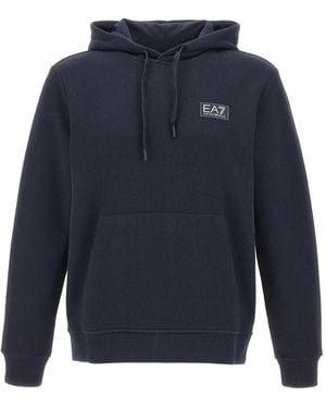 EA7 Logo-Patch Ribbed Hoodie - Blue