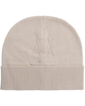 ARMANI EXCHANGE Logo-Embroidered Ribbed-Trim Beanie Hat - Natural