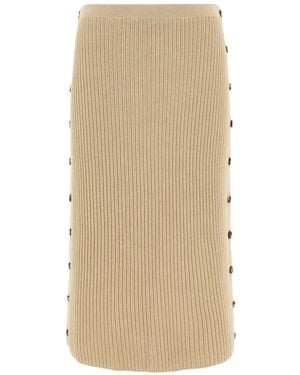 Ferragamo Ribbed-Knit Button-Detail Midi Skirt - Natural
