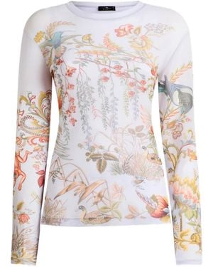 Etro Tulle Sweater With Flora And Fauna Motif - White