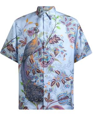 Etro Zijden Overhemd Met Pauwprint - Blauw