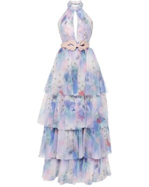 Saiid Kobeisy Floral-Print Tulle Dress - Blue