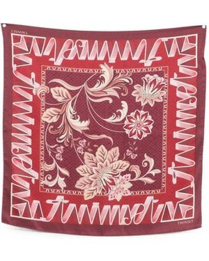 Twinset Floral-Print Logo-Border Scarf - Red