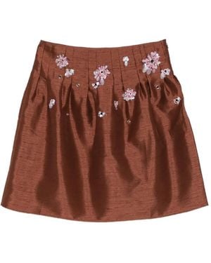 ShuShu/Tong Floral-Embellished Pleated Skirt - Brown