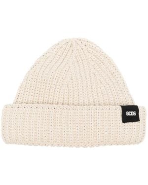 Gcds Logo-Patch Ribbed Knit Beanie - Natural