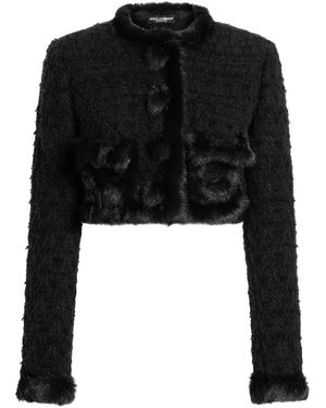 Dolce & Gabbana Faux Fur Trim Tweed Crop Jacket - Black