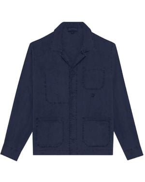 Vilebrequin Linen Overshirt With Patch Pockets And Turtle Embroidery - Blue