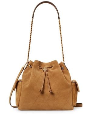 Tory Burch Charlie Quilted Suede Drawstring Shoulder Bag - Natural