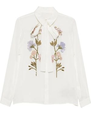 Elie Saab Floral-Embroidered Pussy-Bow Blouse - White