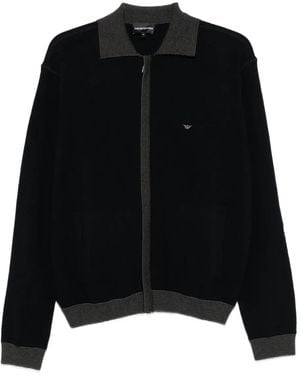 Emporio Armani Ribbed-Trimmed Zip-Up Cardigan - Black