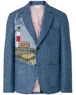 Thom Browne Buckle Tweed Scenic Lighthouse Embroidery Sportcoat - Blue