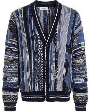 Laneus Geometric-Motif V-Neck Cardigan - Blue
