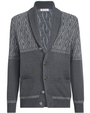 Brunello Cucinelli Cotton Shawl-Collar Cardigan With Jacquard Cable Shoulder - Grey