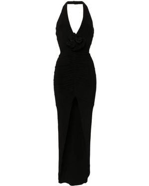 Nissa Floral-Appliqué Ruched Gown - Black