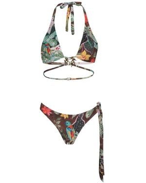Amir Slama Bikini Con Estampado Tropical Y Cuello Halter - Metálico