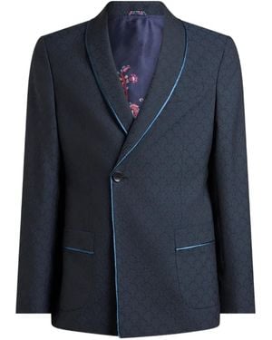Etro Single-Breasted Wool Jacquard Jacket With Micro Palm Motif - Blue