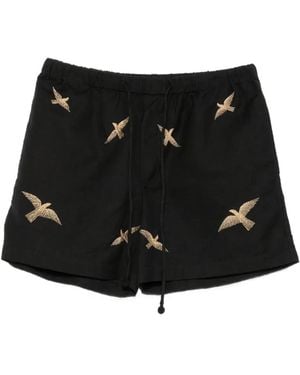 BAZISZT Bird-Embroidered Drawstring Shorts - Black