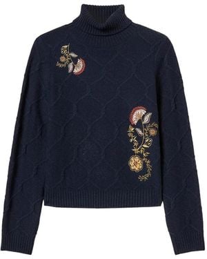 Twinset Turtleneck Wool Sweater With Floral Embroidery - Blue