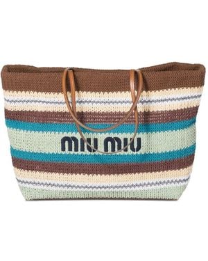 Miu Miu Raffia-Effect Woven Tote Bag - Grey