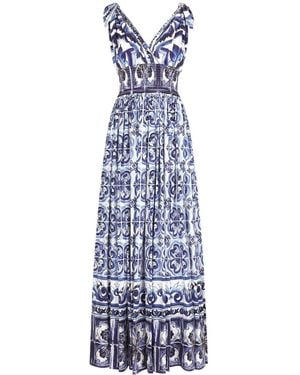 Dolce & Gabbana Open-back Shirred Printed Cotton-poplin Maxi Dress - Blue