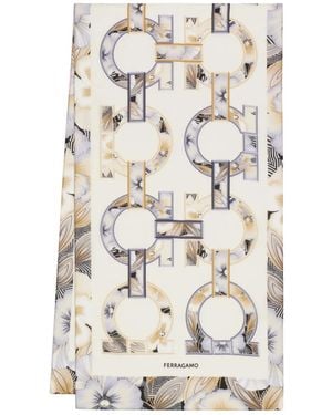 Ferragamo Gancini Floral Print Silk Scarf - White