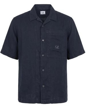 C.P. Company Logo-Print Short-Sleeve Linen Shirt - Blue