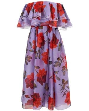 Carolina Herrera Rose-Print Organza Dress With Ruffles - Red