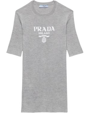 Prada Silk Logo Longline T-Shirt - Grey
