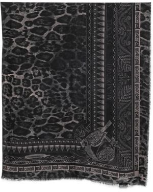Just Cavalli Leopard-Print Frayed Scarf - Black