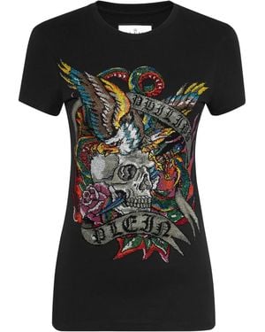 Philipp Plein Crystals Tattoo Cotton T-Shirt - Black