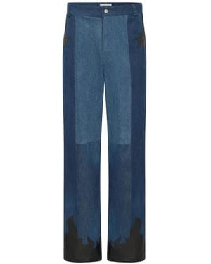 Marine Serre Upcycled Denim Baggy Jeans With Leather Patches - Blue