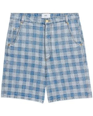 Ami Paris Alex Chequered Denim Shorts - Blue