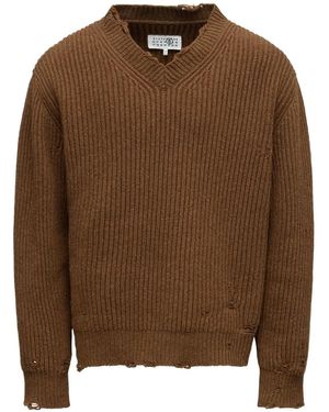 MM6 by Maison Margiela Relaxed Fit V-Neck Jumper With Distressed Hem - Brown