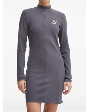 PUMA Ribbed-Knit Long-Sleeve Mini Dress - Blue