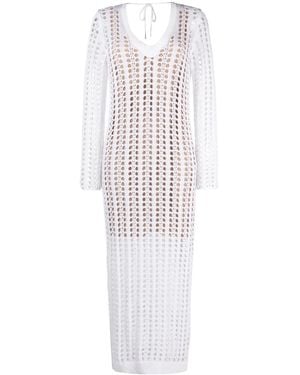 Brunello Cucinelli V-Neck Open-Knit Long Dress - White