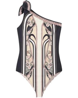 La DoubleJ Goddess Pale Ambrosia-Printed Supreme Lycra One-Shoulder Swimsuit With Bow - White