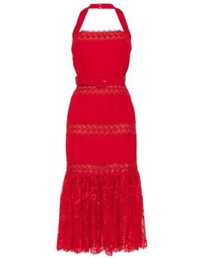 Self-Portrait Lace-Panelled Belted Midi Dress - Red