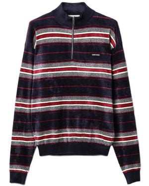 Miu Miu Striped Half-Zipper Chenille Jumper - Blue