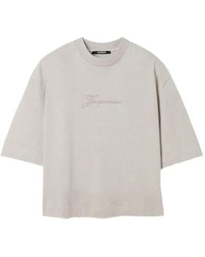 Jacquemus Cropped T Shirt With Embroidered Logo - Grey