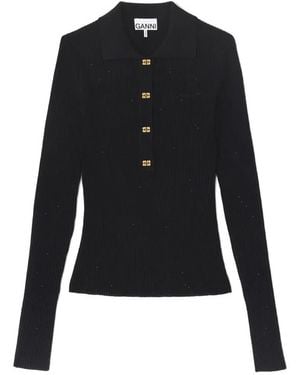 Ganni Ribbed-Knit Butterfly-Button Jumper - Black