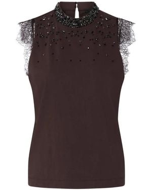 Liu Jo Lace-Trim Rhinestone-Embellished T-Shirt - Brown