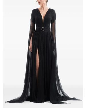 IMROSKA Transformative Crystal-Buckle Cape-Sleeve Maxi Dress - Black
