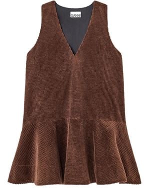 Ganni Organic Cotton Corduroy V-Neck Mini Dress - Brown